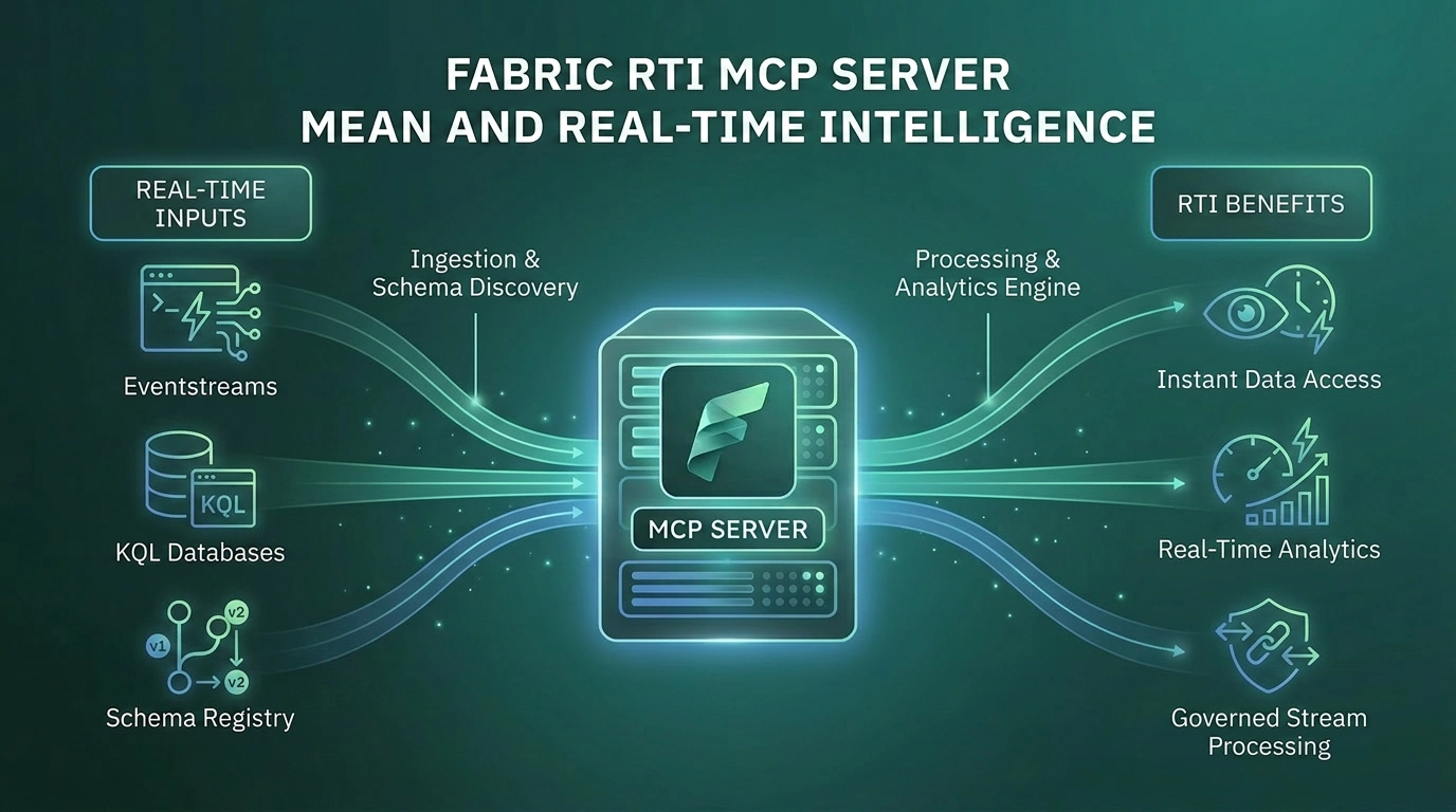 A visual representing AI agents querying Eventhouse and Eventstreams in natural language, with KQL queries and live telemetry streams flowing in the background.